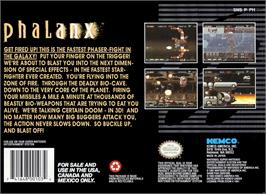 Box back cover for Phalanx on the Nintendo SNES.