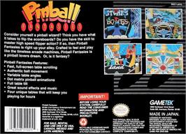 Box back cover for Pinball Fantasies on the Nintendo SNES.