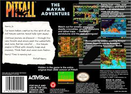 Box back cover for Pitfall: The Mayan Adventure on the Nintendo SNES.
