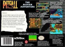 Box back cover for Pitfall - The Mayan Adventure on the Nintendo SNES.