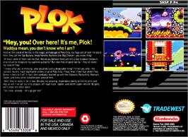 Box back cover for Plok on the Nintendo SNES.
