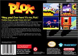 Box back cover for Plok on the Nintendo SNES.