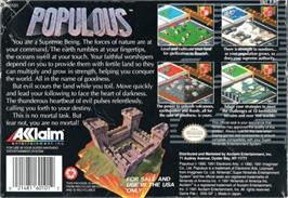 Box back cover for Populous on the Nintendo SNES.