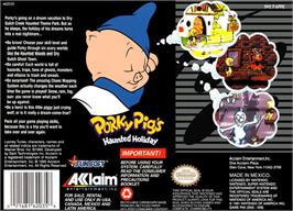 Box back cover for Porky Pig's Haunted Holiday on the Nintendo SNES.
