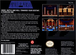 Box back cover for Prince of Persia on the Nintendo SNES.