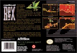 Box back cover for Radical Rex on the Nintendo SNES.
