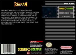 Box back cover for Rayman on the Nintendo SNES.