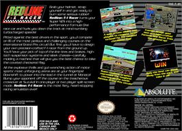 Box back cover for Redline: F1 Racer on the Nintendo SNES.