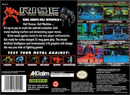 Box back cover for Rise of the Robots on the Nintendo SNES.