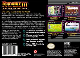 Box back cover for Romance Of The Three Kingdoms 3 - Dragon Of Destiny on the Nintendo SNES.