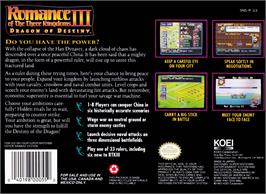 Box back cover for Romance of the Three Kingdoms III: Dragon of Destiny on the Nintendo SNES.