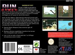 Box back cover for Run Saber on the Nintendo SNES.