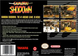 Box back cover for Samurai Shodown on the Nintendo SNES.