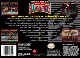Box back cover for Saturday Night Slam Masters on the Nintendo SNES.