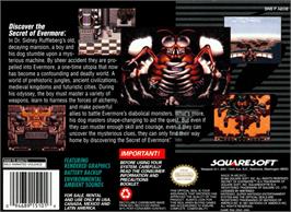 Box back cover for Secret of Evermore on the Nintendo SNES.