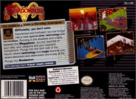 Box back cover for Shadowrun on the Nintendo SNES.