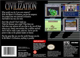Box back cover for Sid Meier's Civilization on the Nintendo SNES.