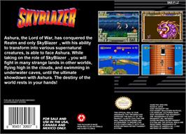 Box back cover for Skyblazer on the Nintendo SNES.