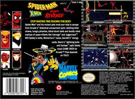 Box back cover for Spider-Man and the X-Men: Arcade's Revenge on the Nintendo SNES.