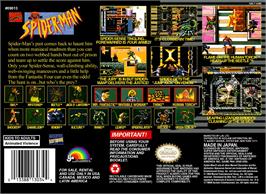 Box back cover for Spider-man on the Nintendo SNES.