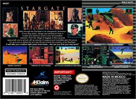 Box back cover for Stargate on the Nintendo SNES.