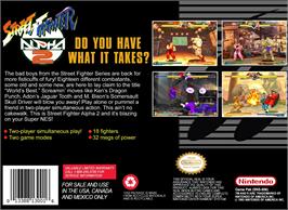Box back cover for Street Fighter Alpha 2 on the Nintendo SNES.
