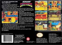 Box back cover for Sunset Riders on the Nintendo SNES.