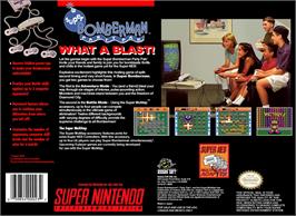 Box back cover for Super Bomberman on the Nintendo SNES.