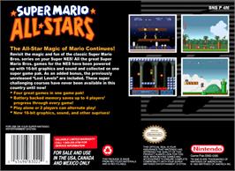 Box back cover for Super Mario All-Stars on the Nintendo SNES.