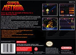 Box back cover for Super Metroid on the Nintendo SNES.
