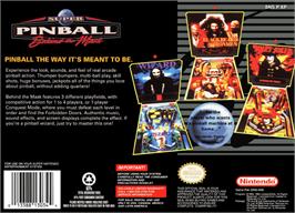 Box back cover for Super Pinball: Behind the Mask on the Nintendo SNES.