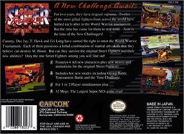Box back cover for Super Street Fighter 2 on the Nintendo SNES.