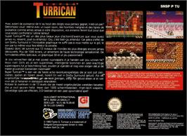 Box back cover for Super Turrican on the Nintendo SNES.