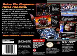 Box back cover for Super Turrican 2 on the Nintendo SNES.