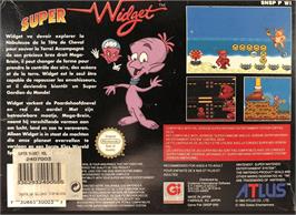 Box back cover for Super Widget on the Nintendo SNES.