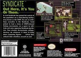 Box back cover for Syndicate on the Nintendo SNES.