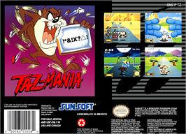 Box back cover for Taz-Mania on the Nintendo SNES.