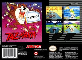 Box back cover for Taz-mania on the Nintendo SNES.