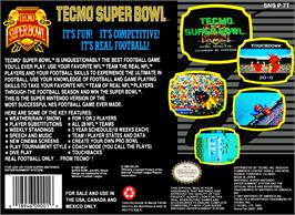 Box back cover for Tecmo Super Bowl on the Nintendo SNES.