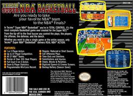 Box back cover for Tecmo Super NBA Basketball on the Nintendo SNES.