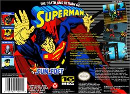 Box back cover for The Death and Return of Superman on the Nintendo SNES.