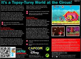 Box back cover for The Great Circus Mystery starring Mickey and Minnie Mouse on the Nintendo SNES.