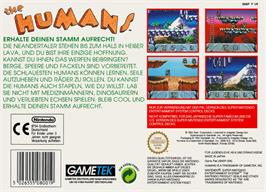 Box back cover for The Humans on the Nintendo SNES.