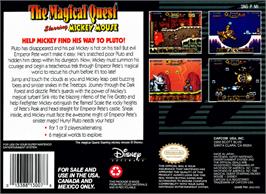 Box back cover for The Magical Quest Starring Mickey Mouse on the Nintendo SNES.