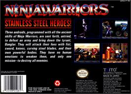 Box back cover for The Ninja Warriors on the Nintendo SNES.