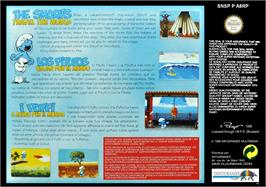Box back cover for The Smurfs Travel the World on the Nintendo SNES.