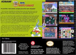 Box back cover for Tiny Toon Adventures: Buster Busts Loose! on the Nintendo SNES.