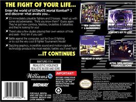 Box back cover for Ultimate Mortal Kombat 3 on the Nintendo SNES.