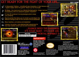 Box back cover for Ultimate Mortal Kombat 3 on the Nintendo SNES.