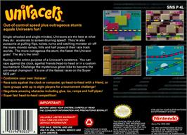 Box back cover for Uniracers on the Nintendo SNES.